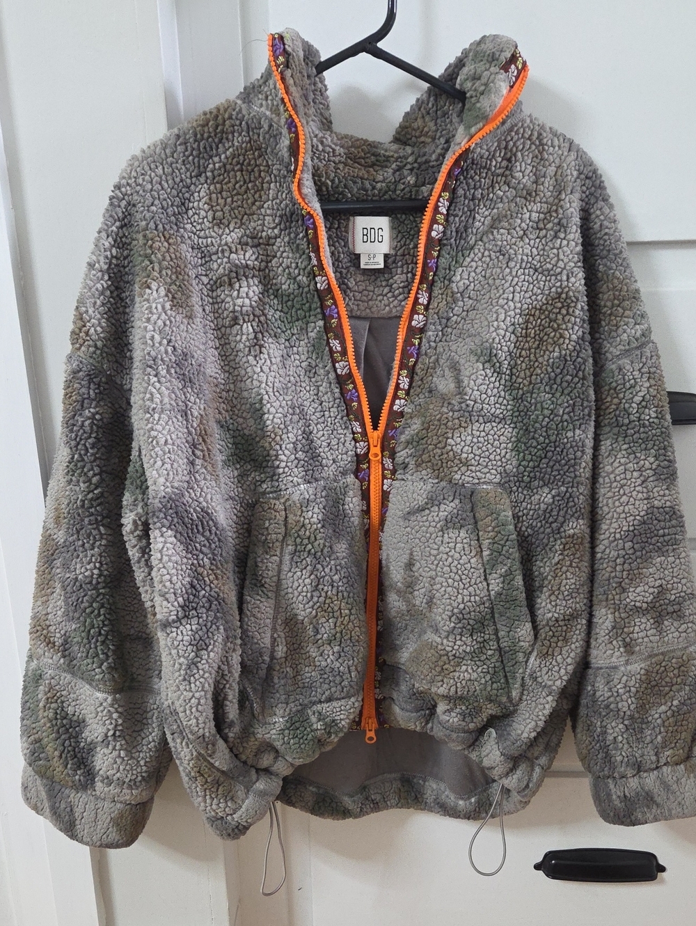 BDG Womens Gray Sherpa Jacket with Orange Trim